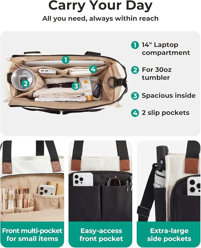 BAGSMART Small Tote Bag for Women, 13'' Laptop Canvas Work Bag with Zipper | 30oz/40oz Tumble & 11 Pockets Travel Tote, Teachers/Nurses, Lightweight Canvas or Water-Resistant Puffer Taslon Crossbody Bag