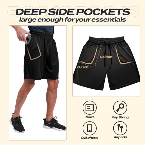 BOOJO Athletic Gym Shorts for Men - Quick Dry Black Basketball Shorts with Pockets | 5 Pack Activewear