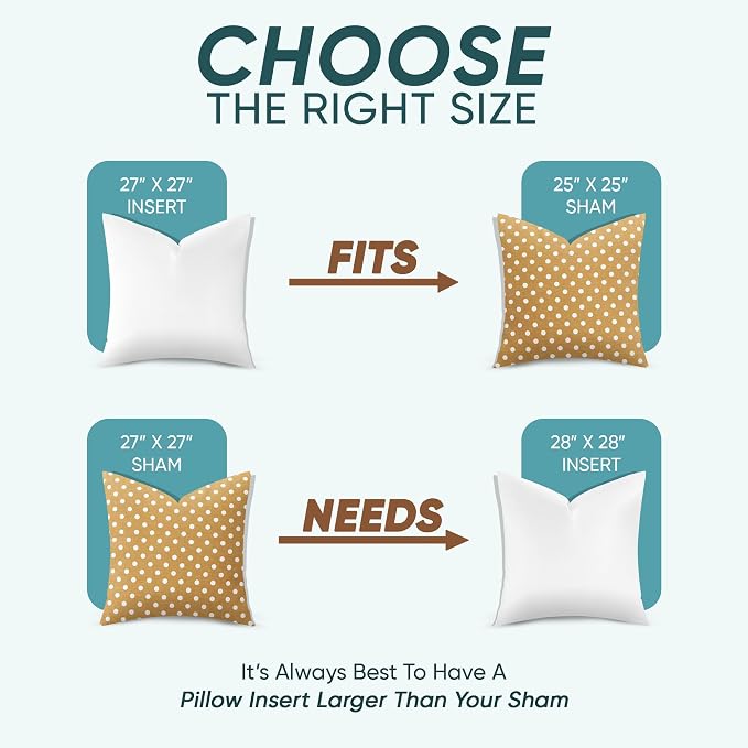 Pillowflex Synthetic Down Pillow Insert 27x27 in - Karate Chop Pillow | Set of 2 - Large Euro Square Sham Form, Plush Polyester Cotton Blend, Cloud-Like Comfort, Clump-Resistant Fill, Smooth Finish