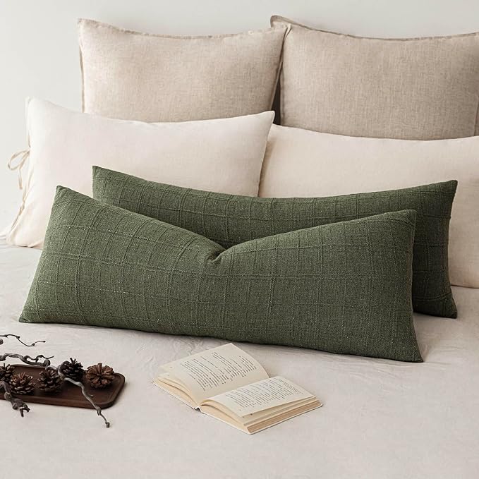 Foindtower Set of 2 Decorative Linen Check Throw Pillow Covers Neutral Long Body Lumbar Cushion Covers Farmhouse Vintage Boho Home Decor For Sofa Chair Couch Bedroom Living Room,14×36 Inch,Olive Green
