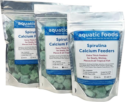 Aquatic Foods Inc. Spirulina Enriched Calcium Feeders for Shrimp, Snails, Crabs, Crayfish, Pleco, Catfish, All Tropical Fish…25 Count Bag