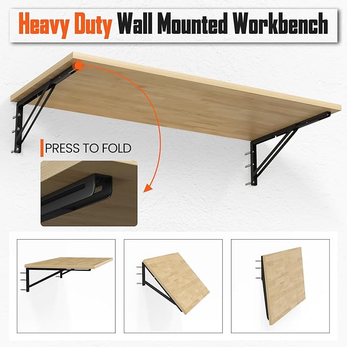 50” Heavy Duty Wall Mount Folding Workbench, 600LBS Garage Chipboard Workbench Table with Shelf & Power Tool Dock, Space Saving Collapsible Steel Frame for Workshop, Kitchen, Laundry Room