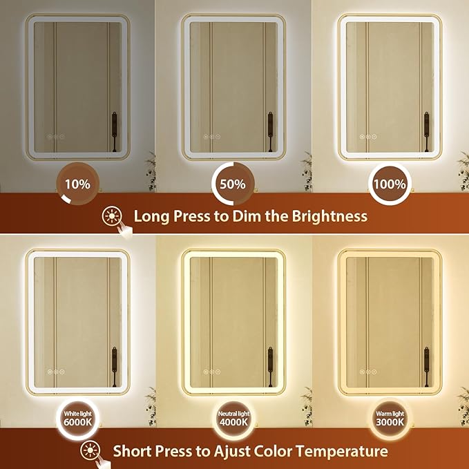 20x28 Inch Gold Framed LED Bathroom Mirror with Lights, Built-in Bluetooth Speaker, Dimmable Lighted Bathroom Vanity Mirror with 3 Colors, Backlit + Frontlit, Memory, Anti-Fog