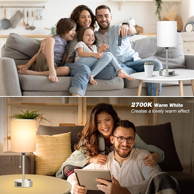 White Bedside Lamp for Bedroom - 3 Color Temperatures Desk Lamp with USB C and A Ports, Pull Chain Table Lamp with AC Outlet, Nightstand Lamp with Silver Metal Base for Kids Girls