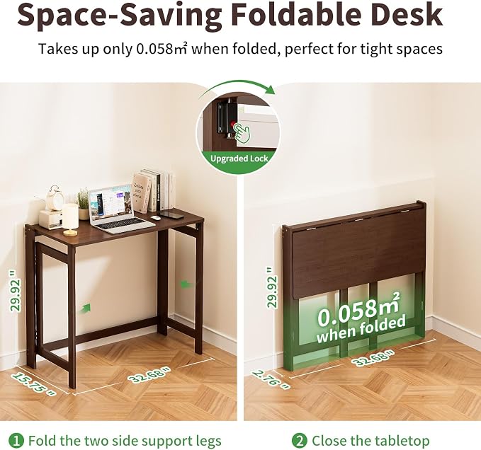 Folding Desk for Small Spaces, Bamboo Foldable Desk, Small Computer Table | Small Computer Desk, Mid Century, Fold Out，Compact Size, for Bedroom, Living Room, Apartment, Home Office