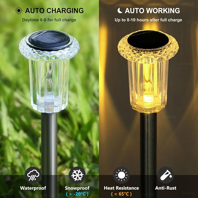 DenicMic 10 Pack Solar Pathway Lights Outdoor Waterproof Warm White LED | Stainless Steel Stake Lights for Garden Patio Backyard Driveway Walkway Lawn Auto On/Off 3000K Diamond-like Acrylic Lens