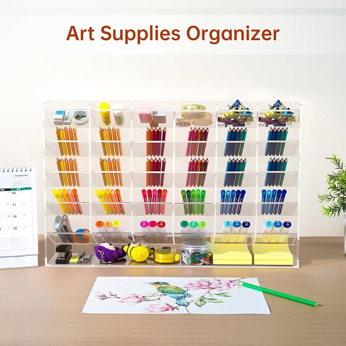 BEYGORM Acrylic Vertical Marker Organizer for 375 Markers, Desk Orgaizer | 31 Compartments Clear Angled Pen & Pencil Holder, Large Stationery & Art Supply Storage for School (17.9x 12.4 x 4 Inch)