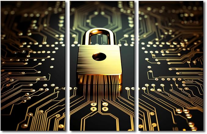 Wall Art for Living Room 3 Panel Golden Padlock on Circuit Board Created with AI Pictures Print on Canvas for Home Office Wall Decorations, Data Security Concept Artwork Ready to Hang, 42"Wx28"