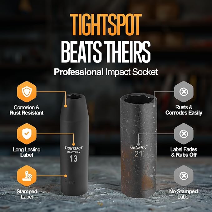 TIGHTSPOT 1/2 Inch Drive 13 mm Deep Impact Socket with Anti-Rounding 6 Point Design, Heat-Treated CRV Steel