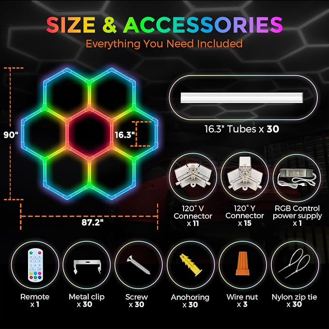 RGB Hexagon Garage Lights 7 Hex, Duplex Signal RGB Hexagon Led Lights with Music Sync Mode, Easy Setup RGB Ceiling Lights for Garage, Gym, Studio, Gaming Room, Party, Bar