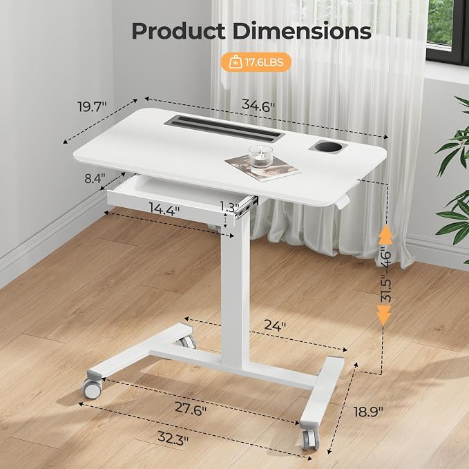 Mobile Standing Desk with Drawer, 35"×20" Small Desk, White | Portable Laptop Workstation with Cup Holder and Hooks, Height Adjustable Rolling Desk with Wheels, Teacher Classroom Use