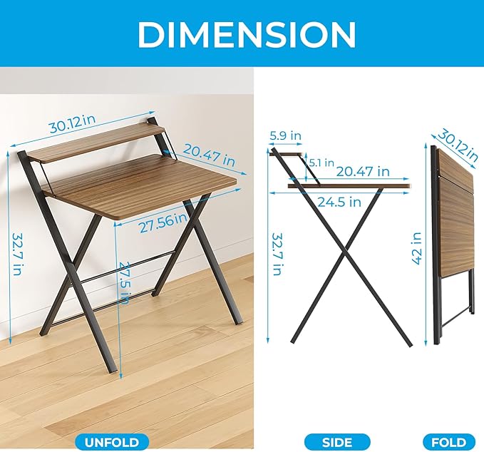 GreenForest Folding Desk No Assembly, Sturdy Computer Desk for Small Spaces | Portable Foldable Table for Laptop, 2-Tier Compact with Shelf, Space Saving for Home Office, Dorm, Apartment, 24"x 30" Walnut