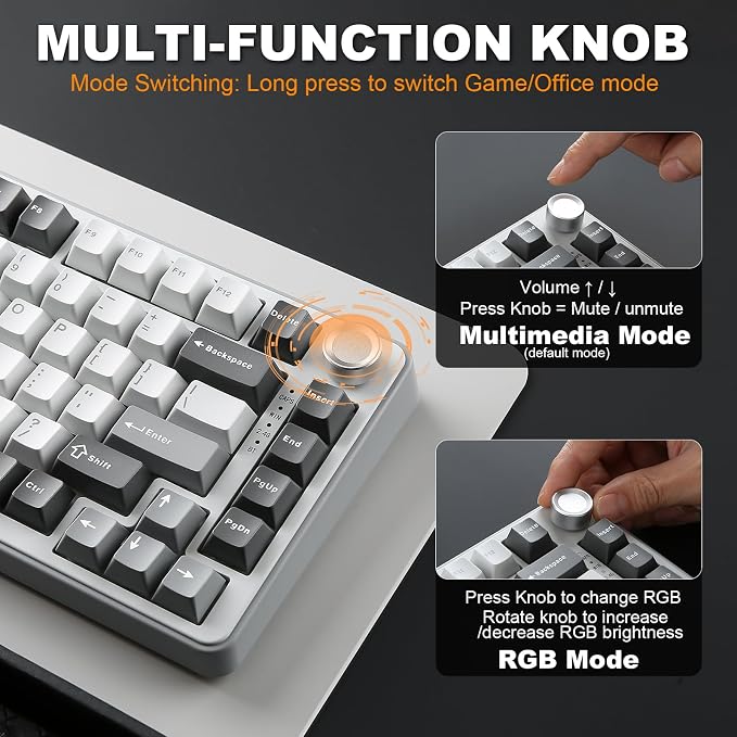 YUNZII B75 PRO 75% Wireless Mechanical Keyboard (Grey, Cocoa Cream V2) | Hot Swap Keyboard with Knob, Gasket Mount, Creamy Pre-lubed Switch for Smooth Typing, BT/USB-C/2.4G, for Gaming