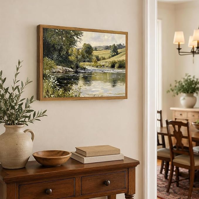 Framed Vintage Landscape Wall Art, Country Nature River Pictures Wall Decor, Rustic Field Paintings Canvas Prints Farmhouse Home Decor Aesthetic for Living Room Bedroom Bathroom 12x16 inch
