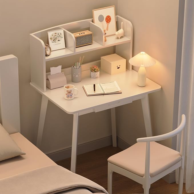 IOTXY Small Writing Desk with Hutch - 31.5" Work Computer Study Table | White , Storage Drawer, Space-saving for Home and Office, with Bookshelves