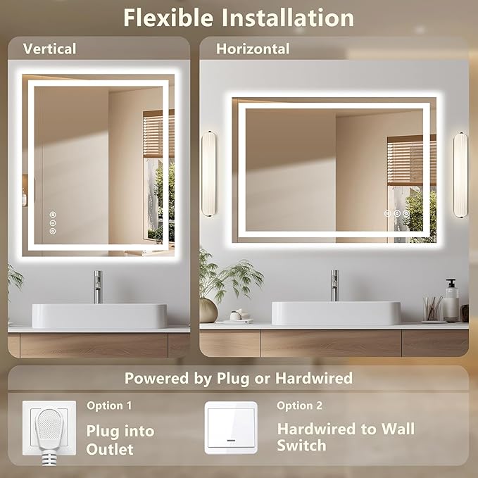 48x30 LED Bathroom Mirror with Lights - Dimmable, Anti-Fog, 3 Color Backlit & Front Lit Mirror for Bathroom, Shatter-Proof Tempered Glass, Easy Installation