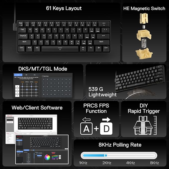 Redragon K617 HE Wired Hall-Effect Rapid Trigger Magnetic Gaming Keyboard | 8K Polling Adjustable Actuation, 61 Keys Design for More Room to Aim, Swap-Ready Socket for Mod, RGB Pro Software Supported