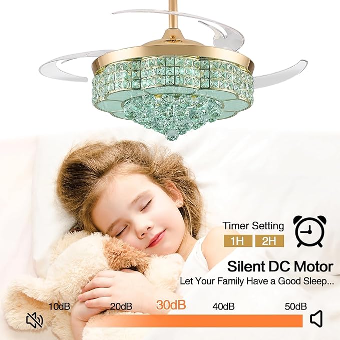 48" RGB Bluetooth Fandelier Ceiling Fan, Crystal LED Chandelier, Retractable Blades 6-Speed Music Player Remote APP Control for Bedroom Glod