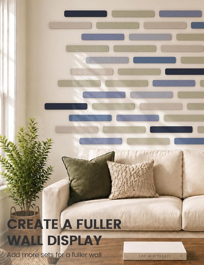 Fluxynara 13" x 2" Felt Wall Panels, Denim Mist | 5-Pack Cork Board Alternative with 35 Push Pins, Adhesive Mounting for Bedroom Door or Home Office