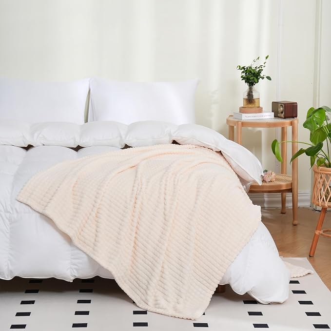 Puncuntex Fleece Blanket Cream White 90"×90" with Square Grid Design | Super Soft Plush Cozy Flannel Throw Blanket Luxury for Couch Sofa Chair