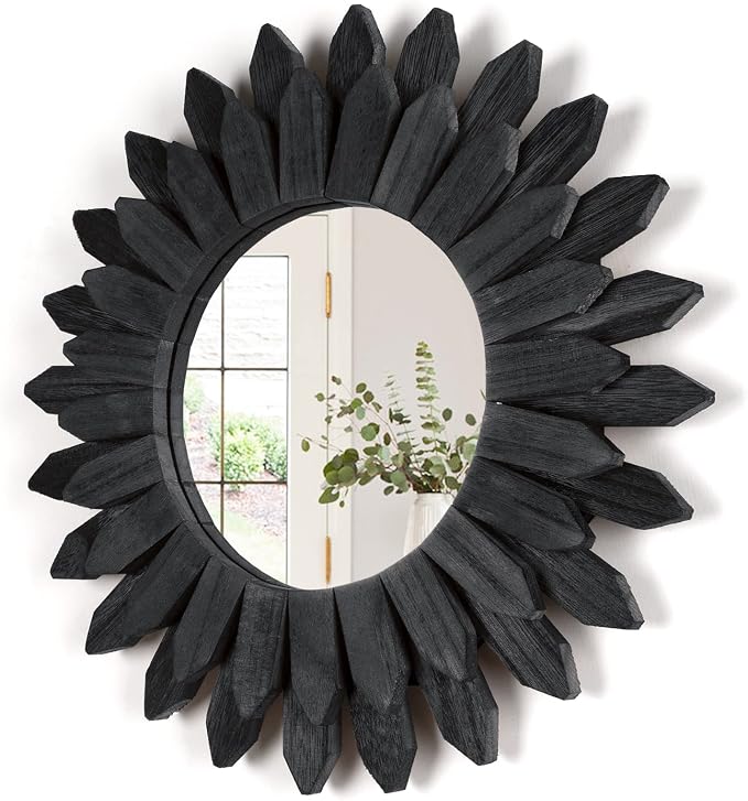 Black Wall Decor Wall Mirror 12 inch Boho Wall Decor Wood Decorative Mirror for Room Decor Home Decor for Bedroom Living Room Bathroom Kitchen Black