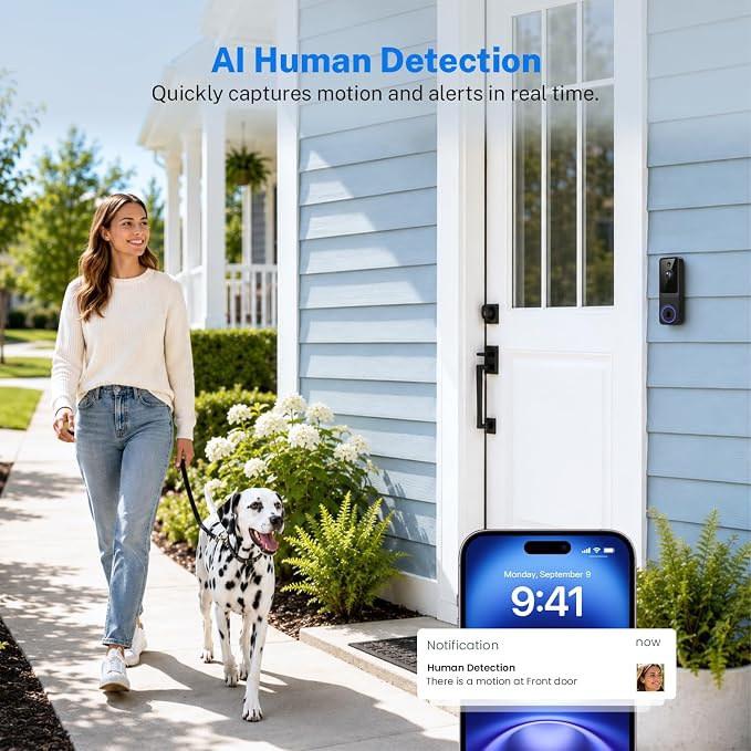 1080p Wireless Video Doorbell Camera with Smart AI Human Detection, Two-Way Audio, Live View, Night Vision, 2.4G WiFi, Battery Powered, App Control, and Cloud Storage for Home, Office & Pet Monitoring