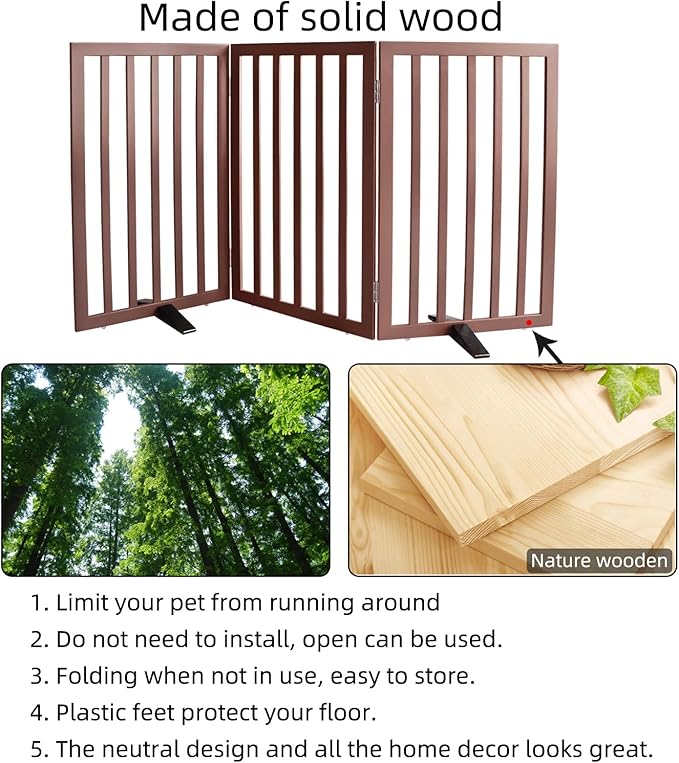 ZJSF Freestanding Indoor Dog Gate for House Foldable Wood Puppy Gate for Doorways Pet Gate for Stairs Extra Wide Pet Fence, Brown, 32" Height 3 Panels