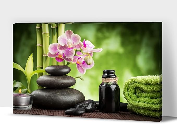 GUTTATY Zen Wall Art Decor, Modern Bathroom Zen Decor Wall Art, Large Canvas Wall Art for SPA Zen Room Decor, Green Bamboo and Pebble Relaxing Art Prints for Office & SPA Wall Decor 32x48 Inches