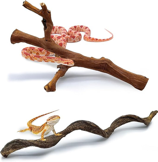 BNOSDM 2PCS Reptile Wood Branches, Snake Climbing Branch, Bearded Dragon Climbing Accessories, Lizard Habitat Decor, Terrarium Tree Trunk Ornament for Gecko Frog Chameleon Spider