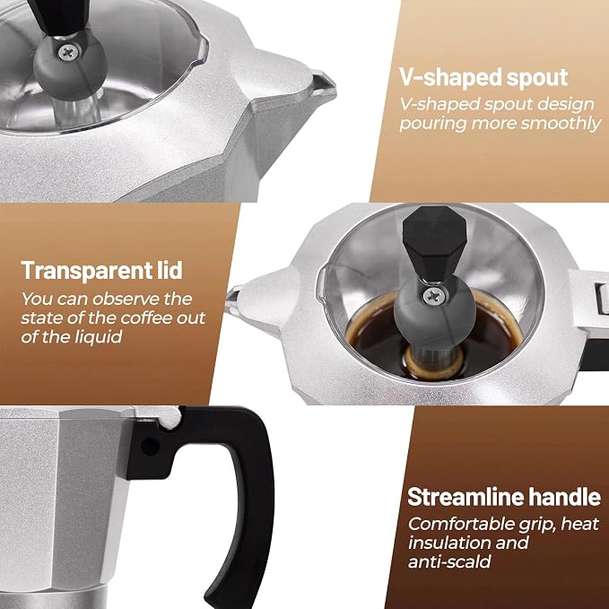 Electric Aluminum Moka Pot 3-6 Cup 150-270ml Espresso Maker | with Detachable Base Ideal Coffee Makers for Home MochaPot Italian and Cuban Café Coffeemaker Espressomaker CoffeePot Silver