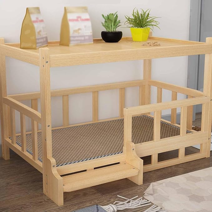 XPLKQXE Dog Bed Wood Platform, Elevated Pet Cushion Bed, Animal Couch with Mattress, Dog Beds & Furniture Rest Cot, Portable Fence Bed Pet Up to 45kg/100lbs(Color:Blue,Size:60x45x65cm)