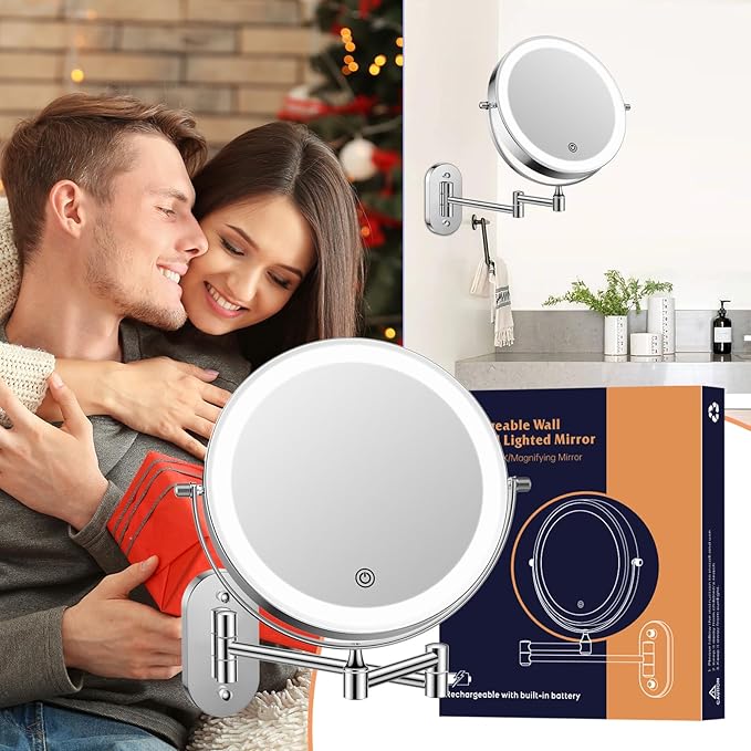 FUNTOUCH 2500mAh Rechargeable Wall Mounted Lighted Makeup Vanity Mirror 8 Inch Double Sided 1X 20X Magnifying Bathroom Mirror, 3 Color Lighting, Touch Dimming, Extended Arm 360° Light up Mirror