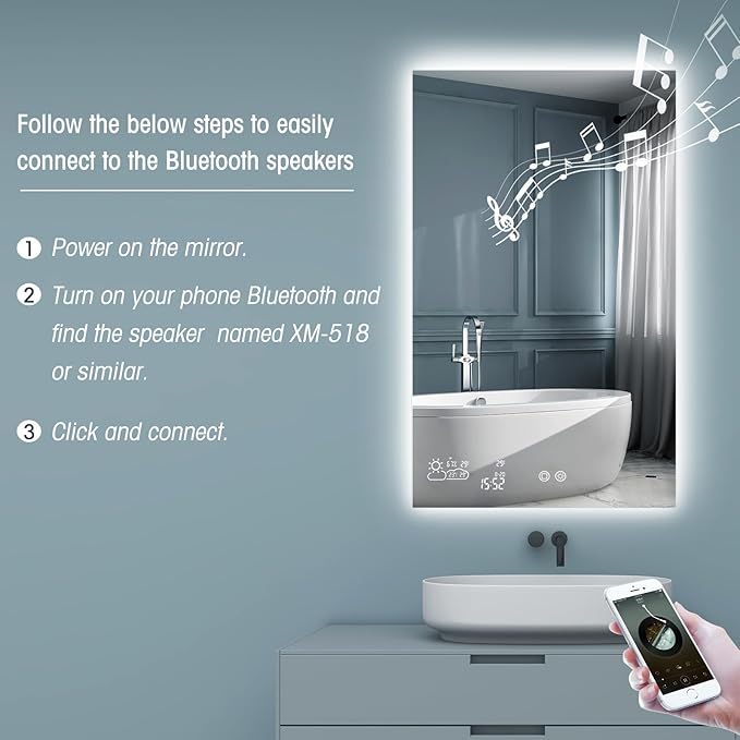 BYECOLD Bluetooth Smart Bathroom Mirror 24"x 32", Lighted Bathroom Vanity Mirror with WiFi Enabled Weather Display, Anti-Fog, Backlit 3 Colors, Memory Function Touch Sensor - Vertically Hangs