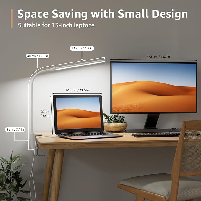 Lepro Small Desk Lamp with Clamp, LED Reading Lamps, 460LM, 5W, White | 3 Color Modes 10 Brightness, Dimmable USB Clip on Desk Light with Gooseneck Swing Arm for Nail, Home Office and Dorm
