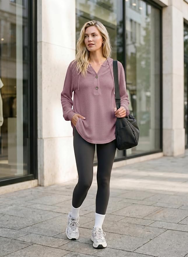 Dokotoo Hoodies for Women Waffle Knit Long Sleeve Drawstring Button V Neck Casual Sweatshirt Hooded Tops Fashion Clothing