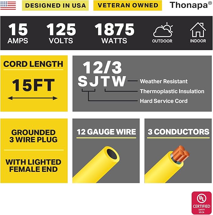 Thonapa Lighted Outdoor Extension Cord 15 ft - 12 Gauge 15 Amp Heavy Duty Power Extension Cords - SJTW - Great for Major Appliances, Power Tools, Garden Supplies - Yellow