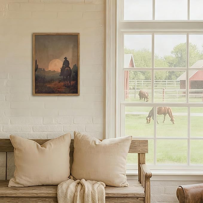 Vintage Cowboy Wall Art Western Country Wall Decor Painting, Southwestern Desert Cactus Poster Canvas Print Picture Retro Rustic Horse Artwork for Living Room Bedroom 12x16 inch Wood Framed