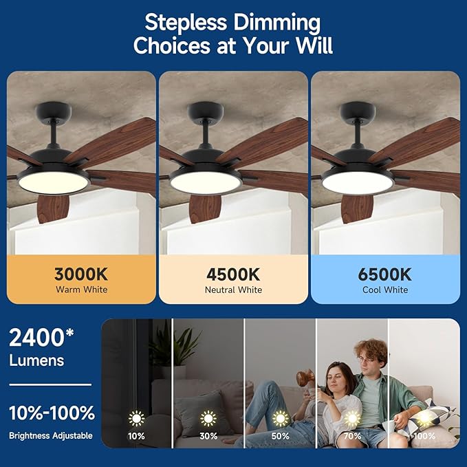 Roomratv 52 Inch Smart Ceiling Fan with Light,App Control,Ultra Silent Reversible DC Motor Fan Remote Control Compatible with Alexa Google home（black）