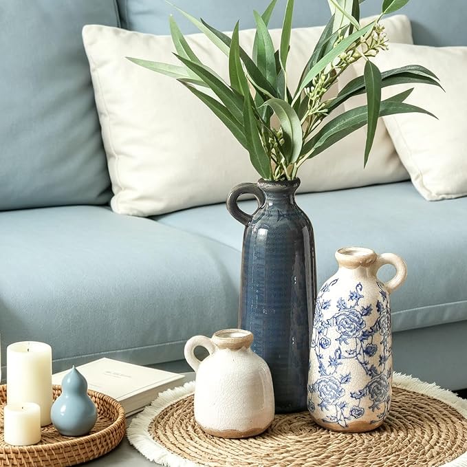 Ceramic Vase Set of 3 with Handle, Vintage Rustic Vases Home Decor Farmhouse Decorative Vase Pottery Decor Modern for Table Mantel Entryway Bookshelf Living Room Kitchen Bedroom - Blue