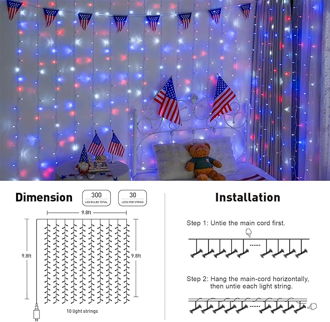 JMEXSUSS 300LED Red White and Blue Lights with Remote, 4th of July Lights Plug in, Patriots Curtain Hanging String Lights for Bedroom Wall Window Backdrop Indoor Outdoor 4th of July Decor, 9.8x9.8ft