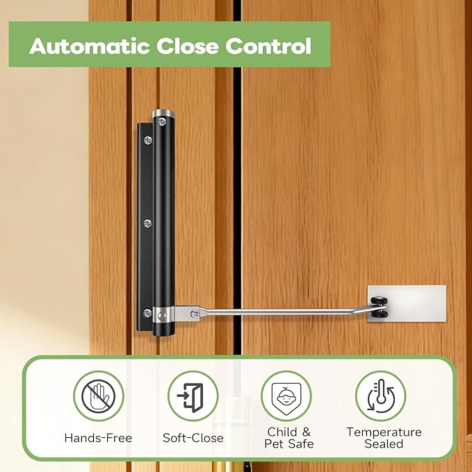 Automatic Door Closer, Stops Door Slamming, Ultra-Quiet Soft Close for Home & Apartment Doors, Upgraded Aluminum Roller Arm, Scratch-Free, Adjustable Speed, Self Closing Spring Door Closer, Black