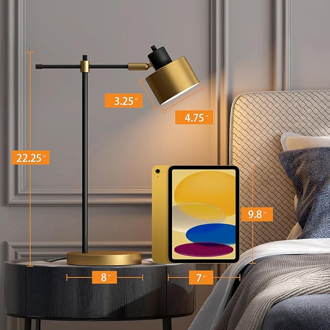 OYEARS 22.2“ Modern Industrial Desk Lamp for Reading LED Metal Table Lamp Light for Office Bedroom Study Room Living Room Nightstand Bedside Lamps Gold and Matte Black Accent Finish (Bulb Included)
