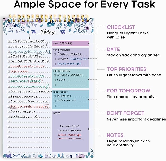 Taja To Do List Notepad, Undated Daily Planner for Work and Goal Setting | VioletBloom, 52 Sheets, 9.8" x 6.5" , for Office, Home and school, Daily Task Planning, Notes and Everyday Organization
