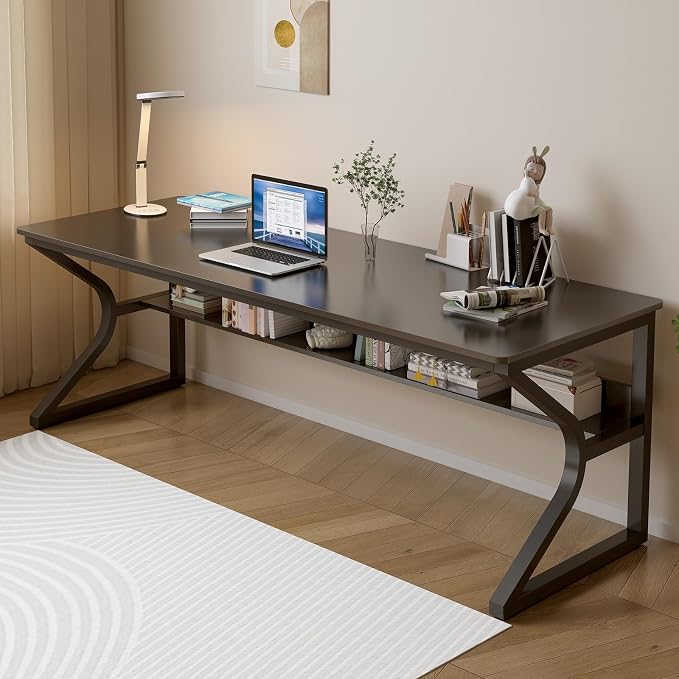 OSCHF 71-Inch Extra Long Desk with Storage Shelf, Black | Double Long Writing Table, Space-saving, 2-Person Workstation, Modern Study Work Computer Desk, For Home Office