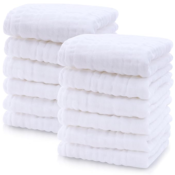 Cute Castle 12 Pack Muslin Baby Washcloths - Large 12'' by 12'' - Ultra Soft 100% Cotton - Super Absorbent Burp Cloths for Unisex, Boy, Girl -White