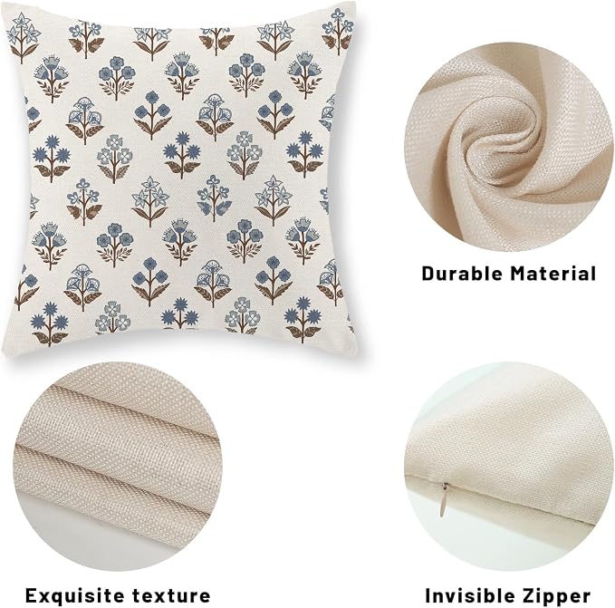 Brown Blue Pillow Covers 16x16 Inch Set of 2 Boho Block Print Floral Throw Pillows Vintage Flower Decorative Pillow Cases Outdoor Linen Farmhouse Cushion Cover for Couch Sofa Bed Decor