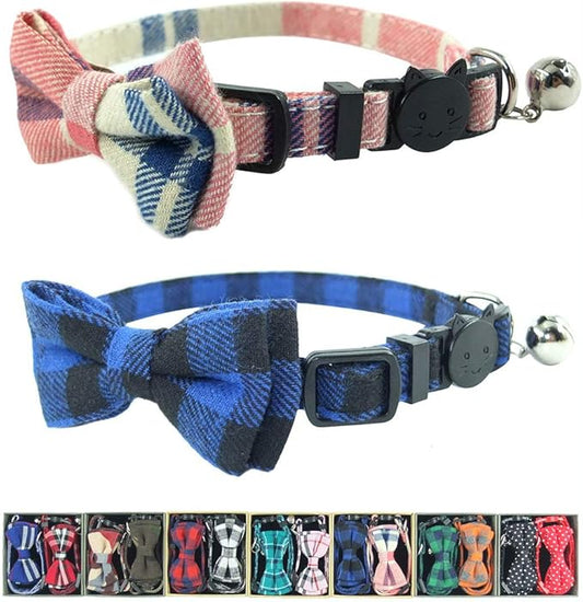 Cat Collar Breakaway with Bell and Bow Tie, Plaid Design Adjustable Safety Kitty Kitten Collars Set of 2 PCS (6.8-10.8in) (Pink&Blue Plaid)