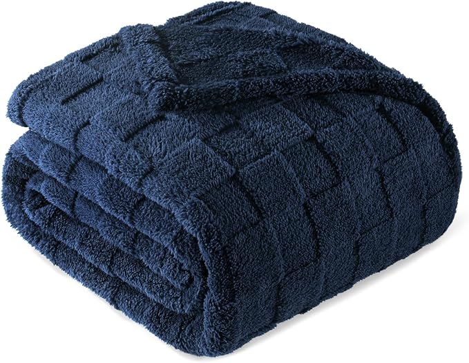 Exclusivo Mezcla 3D Checkered Fleece Queen Blanket for Bed, Navy Blue | Super Soft and Cozy Fluffy Blanket, Lightweight, Breathable, Decorative Blanket for Living Room, Bedroom, All Season, 90"x90"