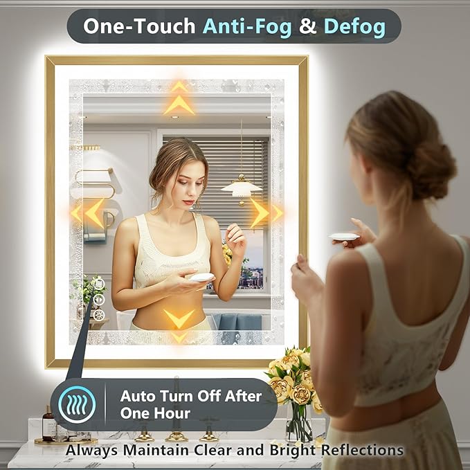 36x36 Gold Beveled LED Bathroom Mirror with Lights, Brushed Gold Framed Backlit and Front Lit Anti-Fog Lighted Vanity Mirrors for Bathroom Wall, Dimmable, 3 Colors, Memory, HD Tempered Glass