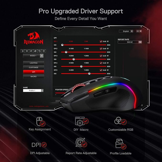 Redragon M612 Wired RGB Optical Gaming Mouse 8000 DPI Remapping Keys | Stable Lag-Free Connection, Redefine Keybinding Macro, Vibing Backlight, Ergonomic Grip Body Comfort